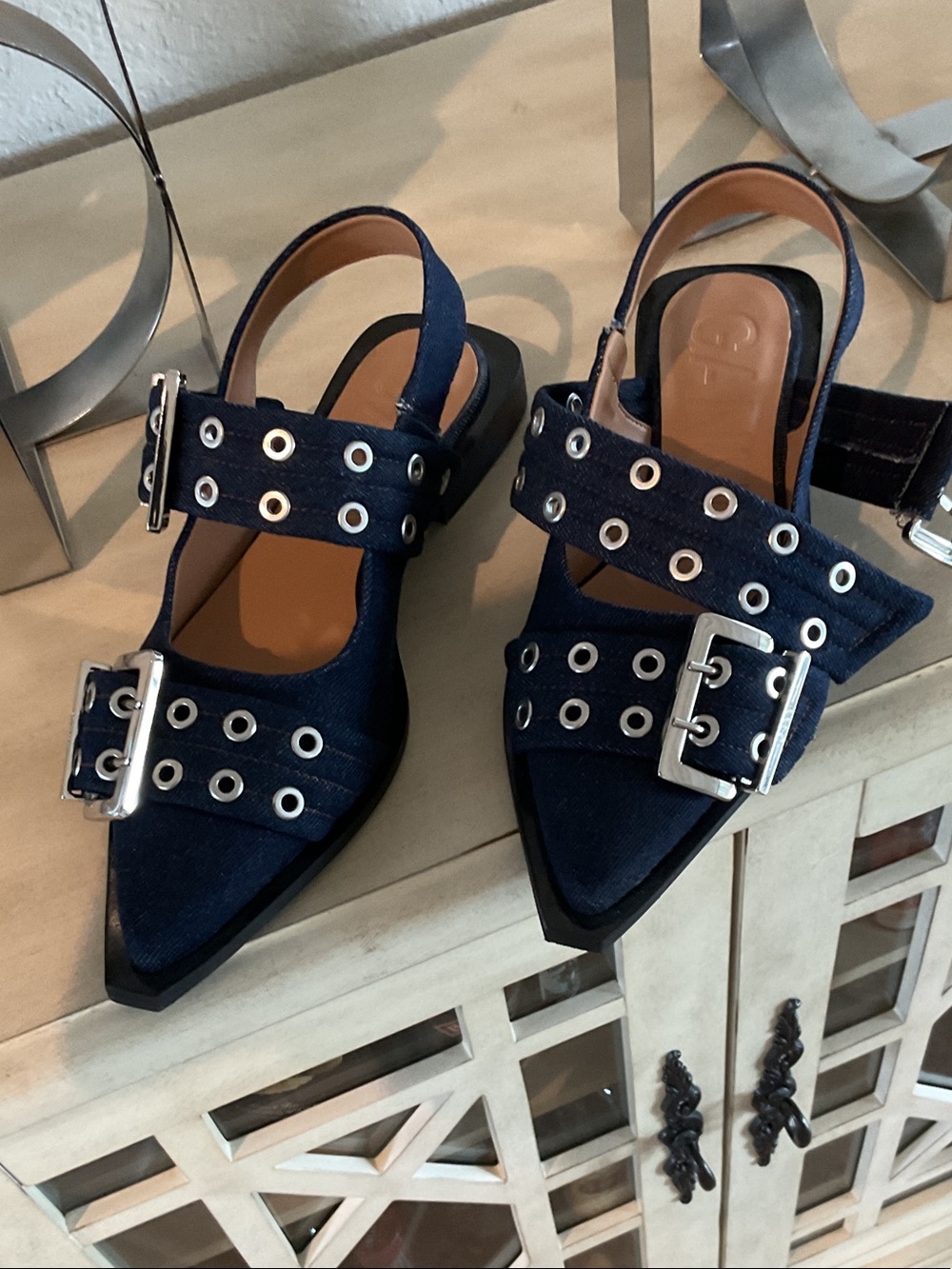 GANNI denim buckle flats, size 39